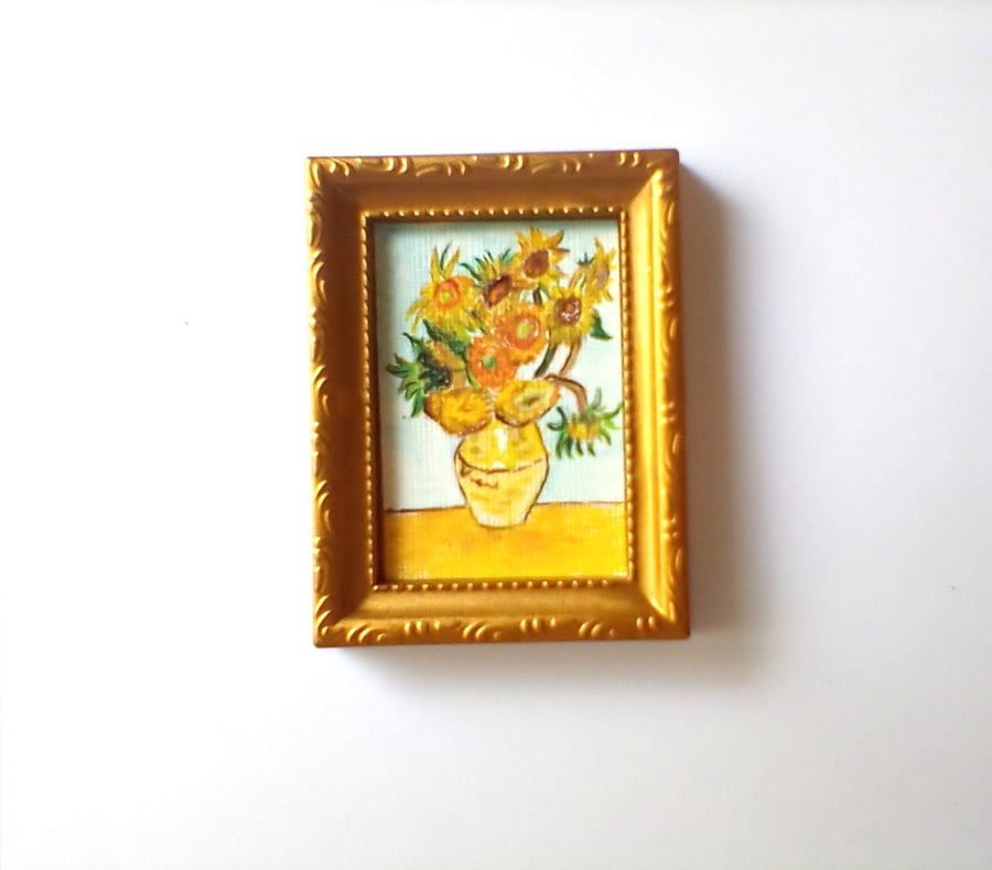 Dolls House Original Miniature Painting Picture Frame Sunflowers