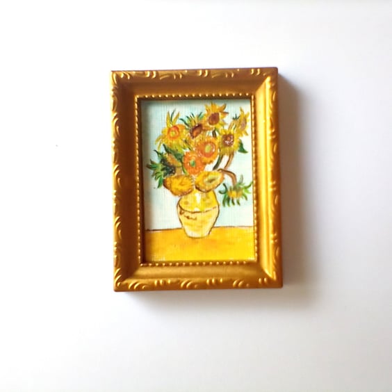 Dolls House Original Miniature Painting Picture Frame Sunflowers