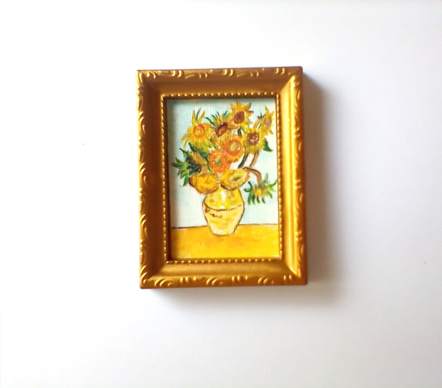 Dolls House Original Miniature Painting Picture Frame Sunflowers