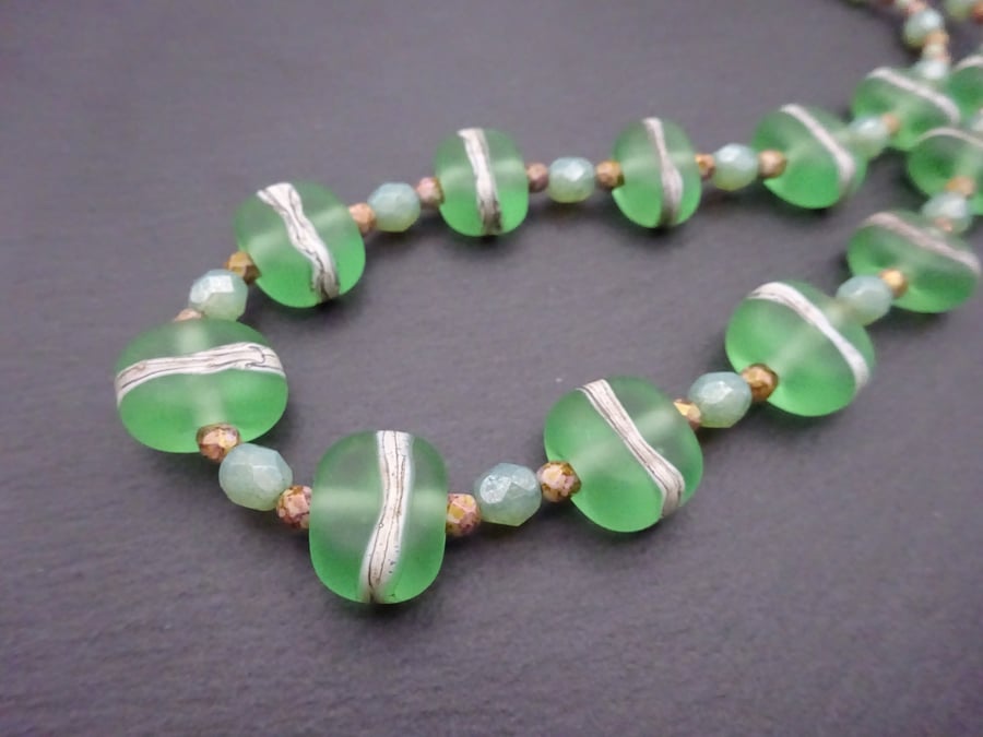 sterling silver, green lampwork glass artisan necklace