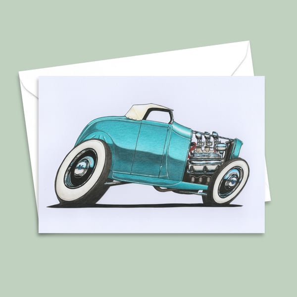 Green Hot Rod Greeting Card and Envelope with a Classic Custom Car Illustration