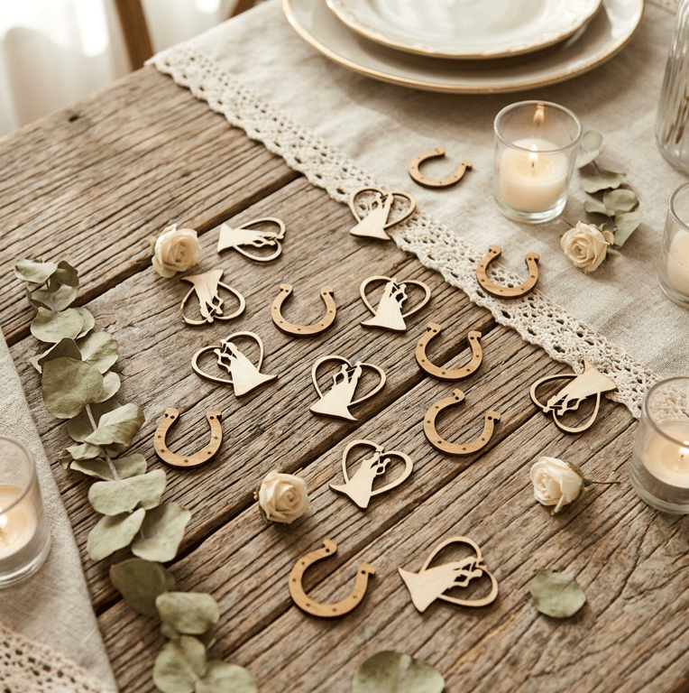 Wooden Wedding Table Confetti - Lucky Horseshoe or Bride and Groomed Shaped