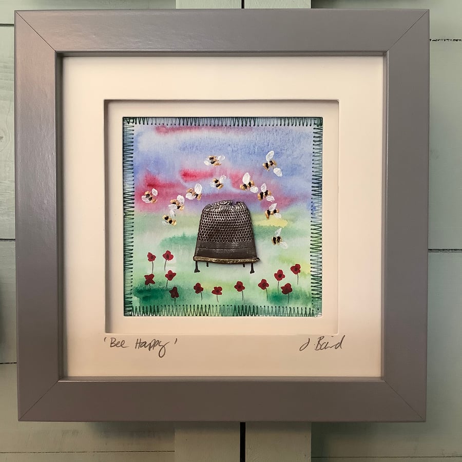 Bee happy. Mixed media picture. Garden, spring, summer. Art 