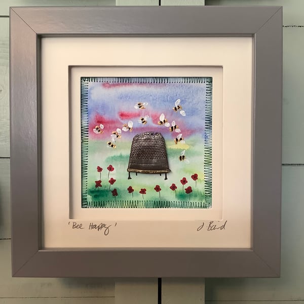 Bee happy. Mixed media picture. Garden, spring, summer. Art 