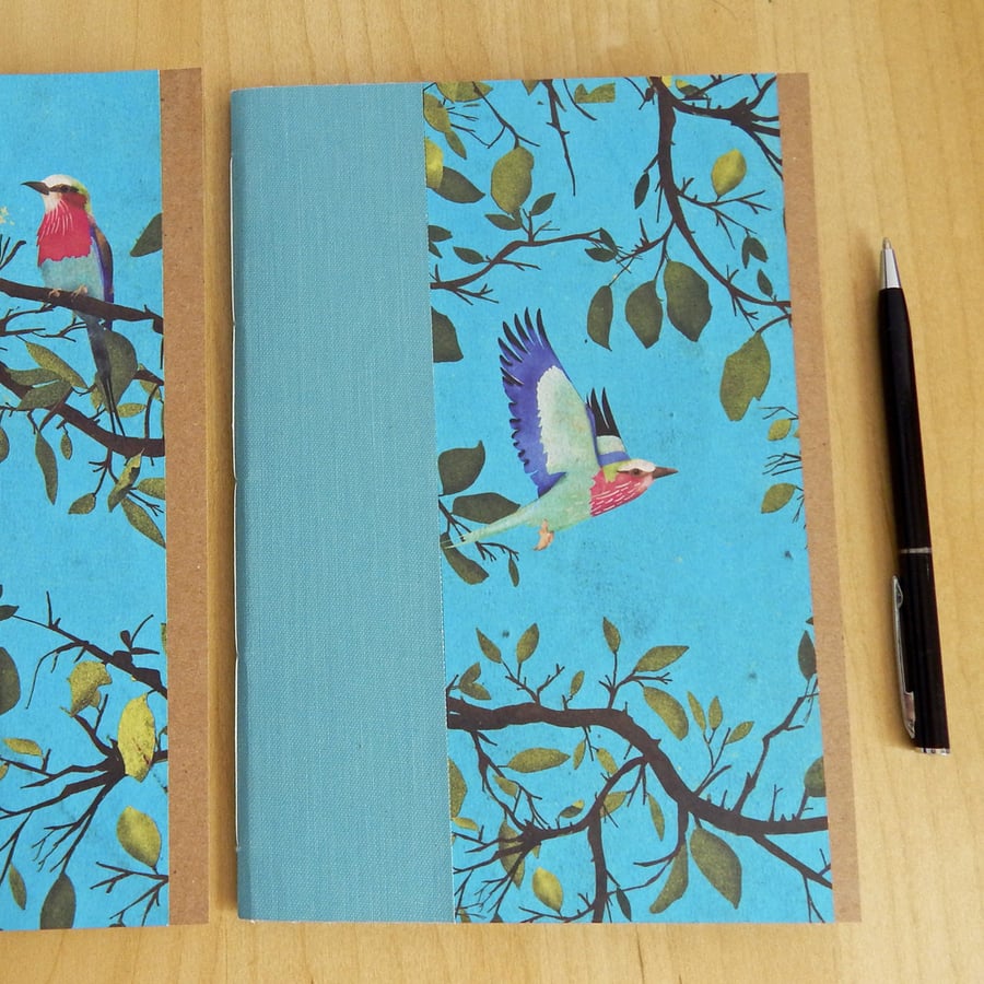 A5 Birds Sketch & Notebook bundle set. Exotic birds with turquoise cloth trim.  