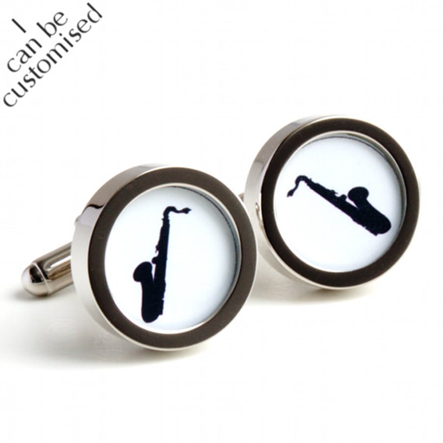 Saxaphone Cufflinks in Black and White Silhouette for Musicians and Jazz Fans