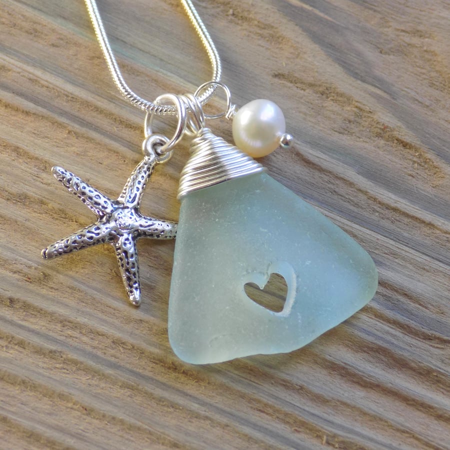 Sea glass heart, wire wrapped pendant