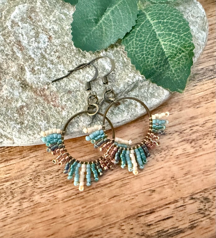 Small bohemian beadwork hoop fringe earrings in blue and bronze