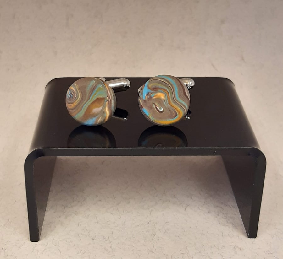 Brown and turquoise polymer clay cufflinks