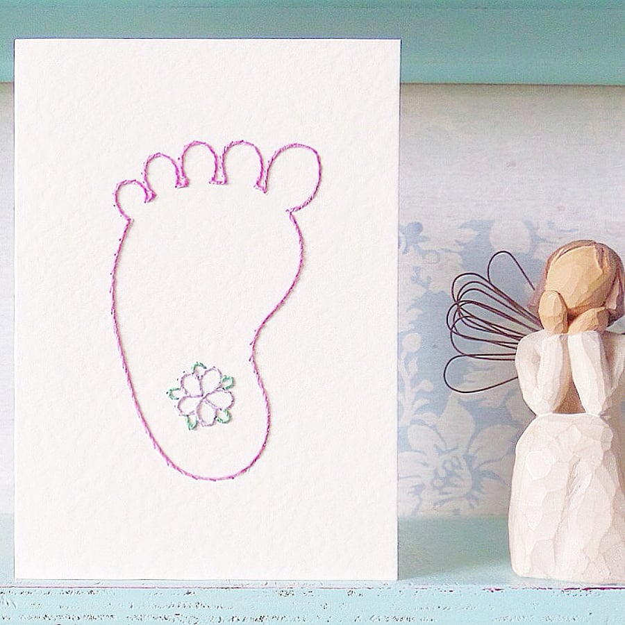 New Baby Card. Hand Sewn Card. Baby Shower Card. Hand Stitched Card. Baby Foot.