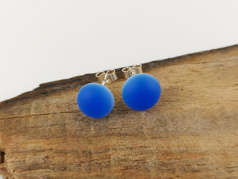 Blue glass stud earrings, fused glass, sterling silver fittings