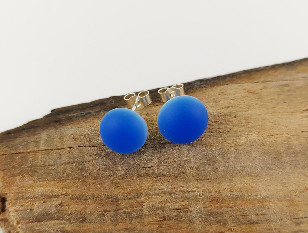 Blue glass stud earrings, fused glass, sterling silver fittings