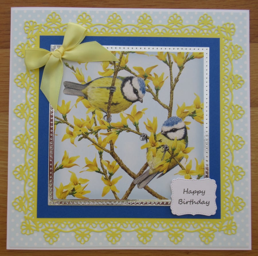 Bluetits & Yellow Blossom - 8x8" Birthday Card