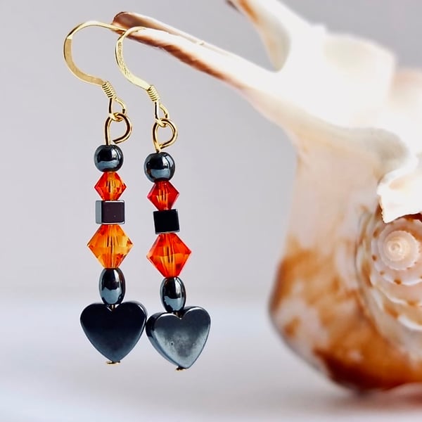 Hematite Heart and Orange Swarovski Crystal Drop Earrings - Handmade In Devon