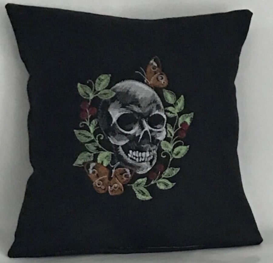 Skull & Moth Embroidered Cushion Cover