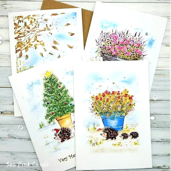 Hedgehog Card Set - 4 cards - original art, four seasons, all occasions, gift  