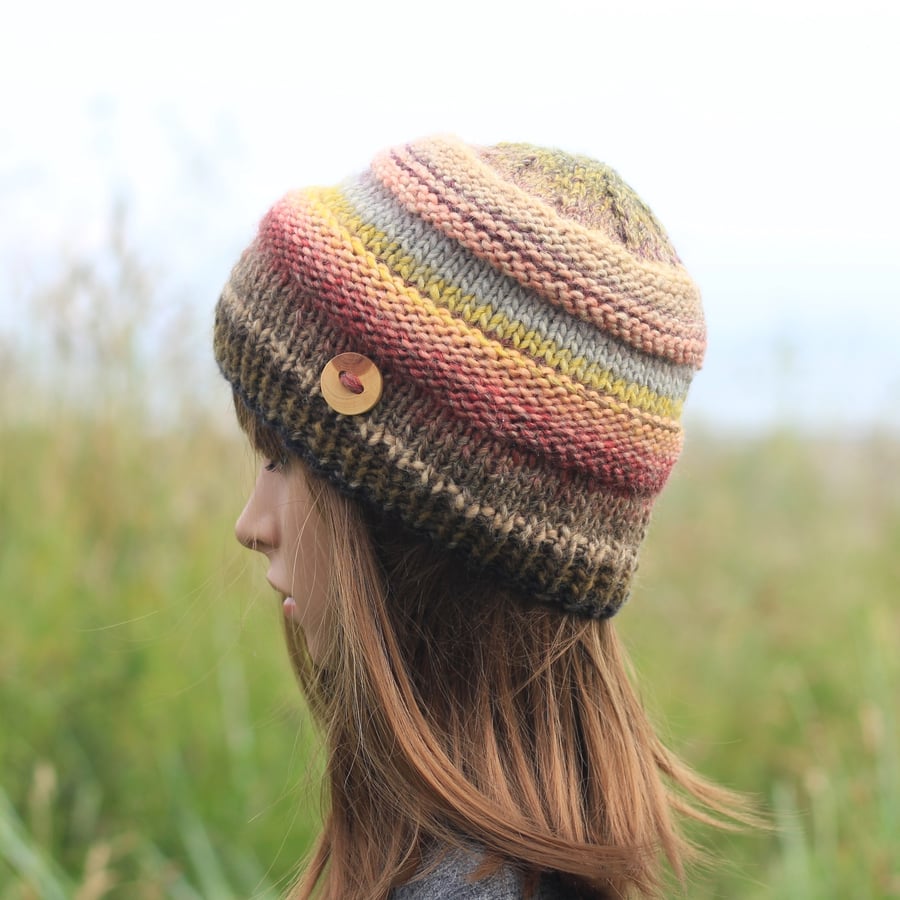 Beanie hat knitted women's, salmon olive sunshine multicolor, gift guide for her