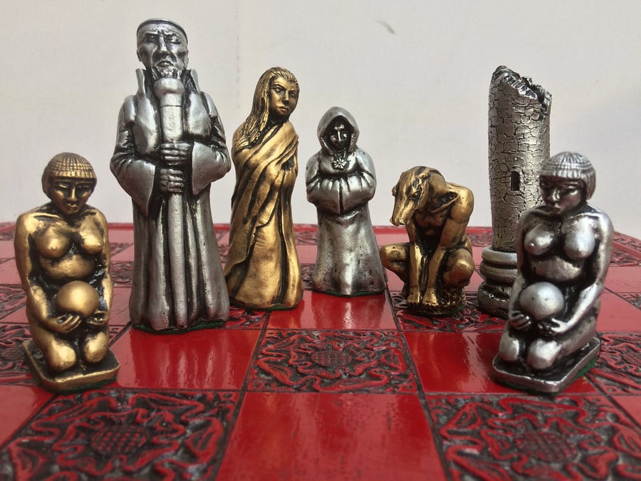 Wicca Chess Set - Gold and Silver Antique Effect - Chess Pieces Only