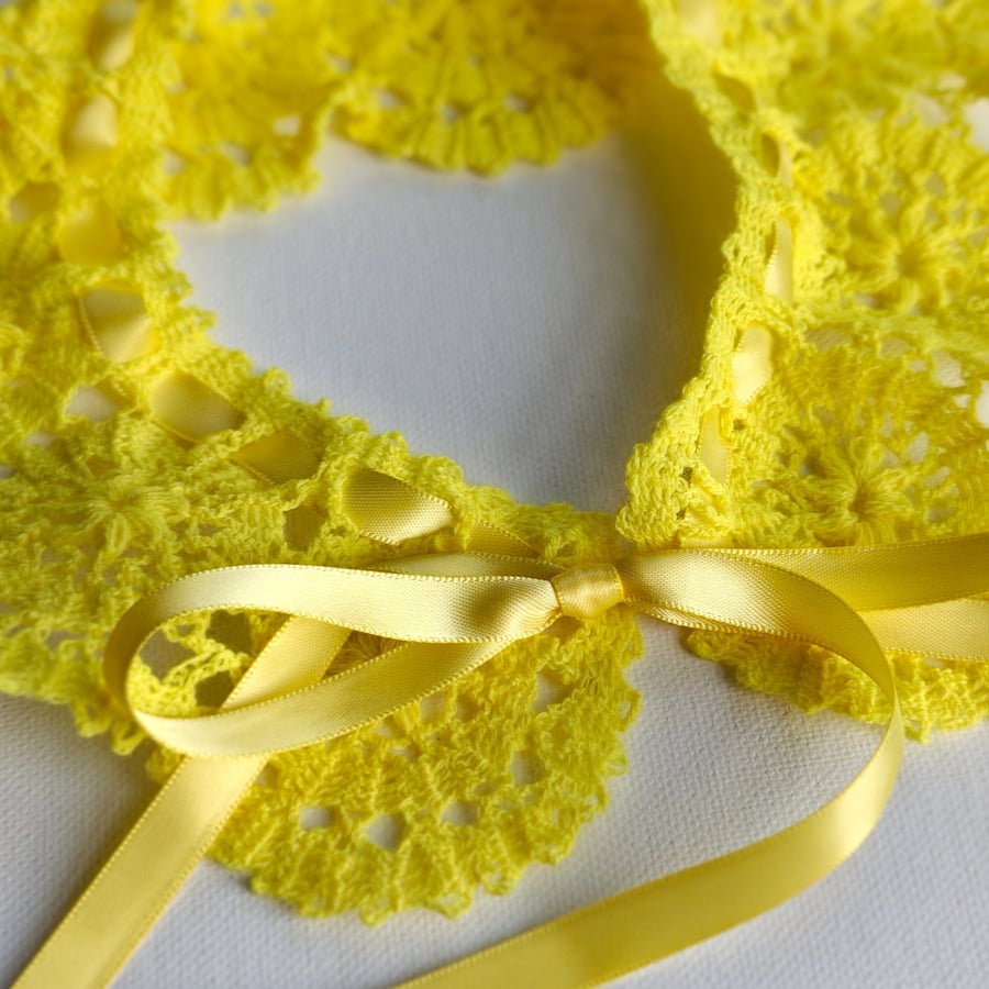 Yellow Crochet Lace Collar, Handmade Detachable Floral Accessory with Ribbon 