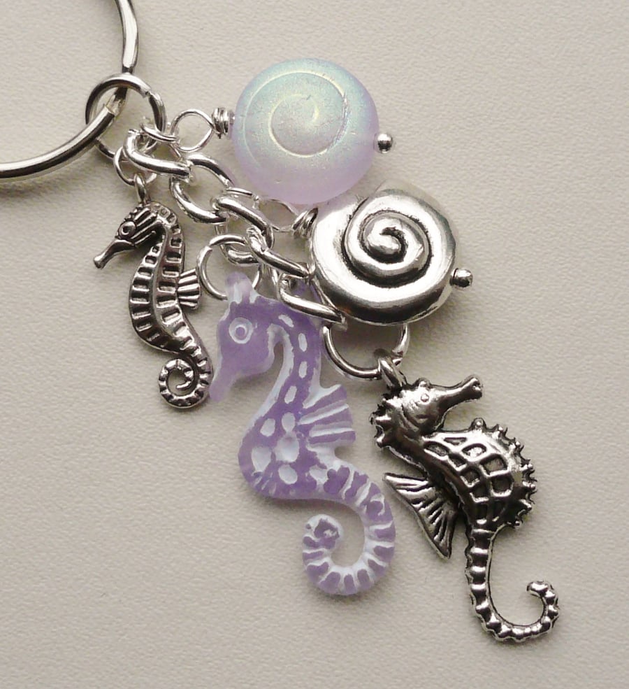 Keyring Bag Charm Lilac Purple and Silver Beaded Seahorse Shell  KCJ1647
