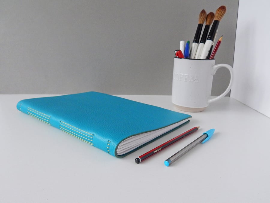 Large Leather A4 Sketchbook, Turquoise pebble grain leather. Free UK Shipping. 