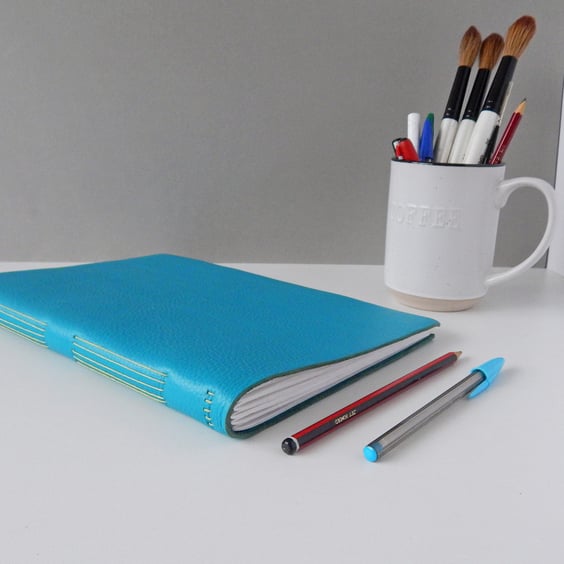 Large Leather A4 Sketchbook, Turquoise pebble grain leather. Free UK Shipping. 