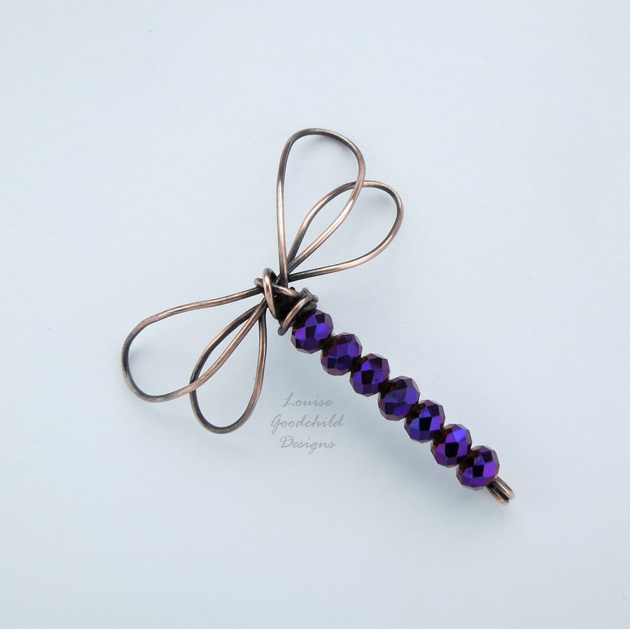 Purple dragonfly brooch, solid copper, dragonfly jewellery, copper wire pin