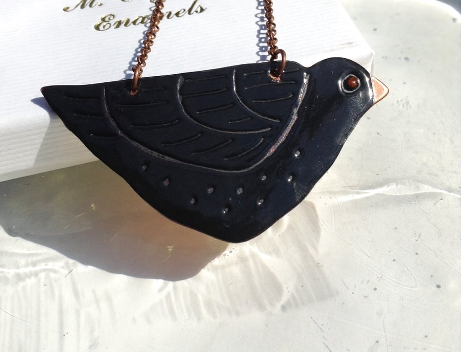 Large blackbird - sgraffito enamel statement necklace