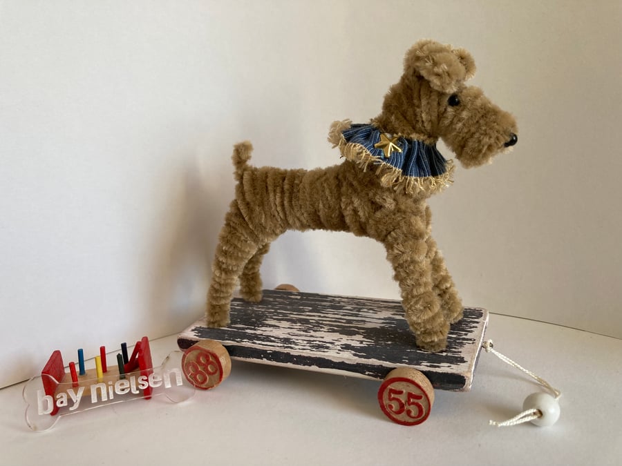Vintage Style OOAK Terrier on a Wooden Trolley with Wheels 