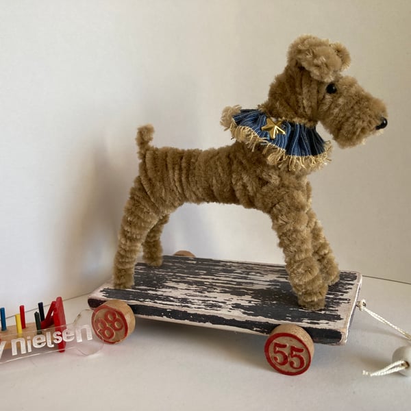 Vintage Style OOAK Terrier on a Wooden Trolley with Wheels 