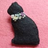 Handmade Black Cat Felt Brooch with Crystal Chips