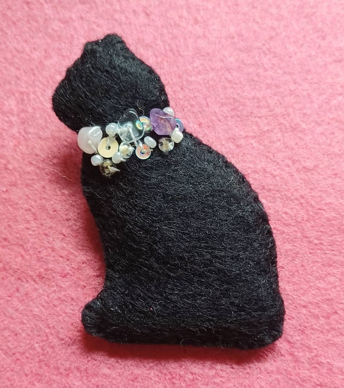 Handmade Black Cat Felt Brooch with Crystal Chips