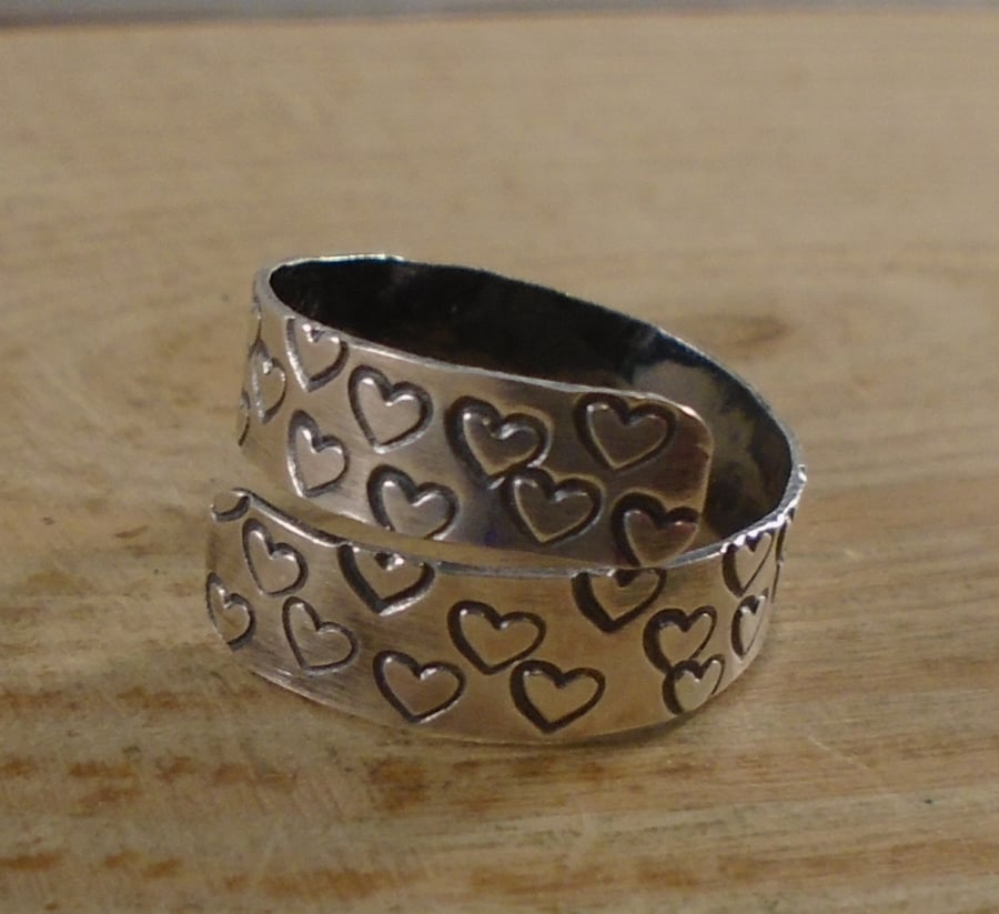 Sterling Silver Stamped Heart Adjustable Ring
