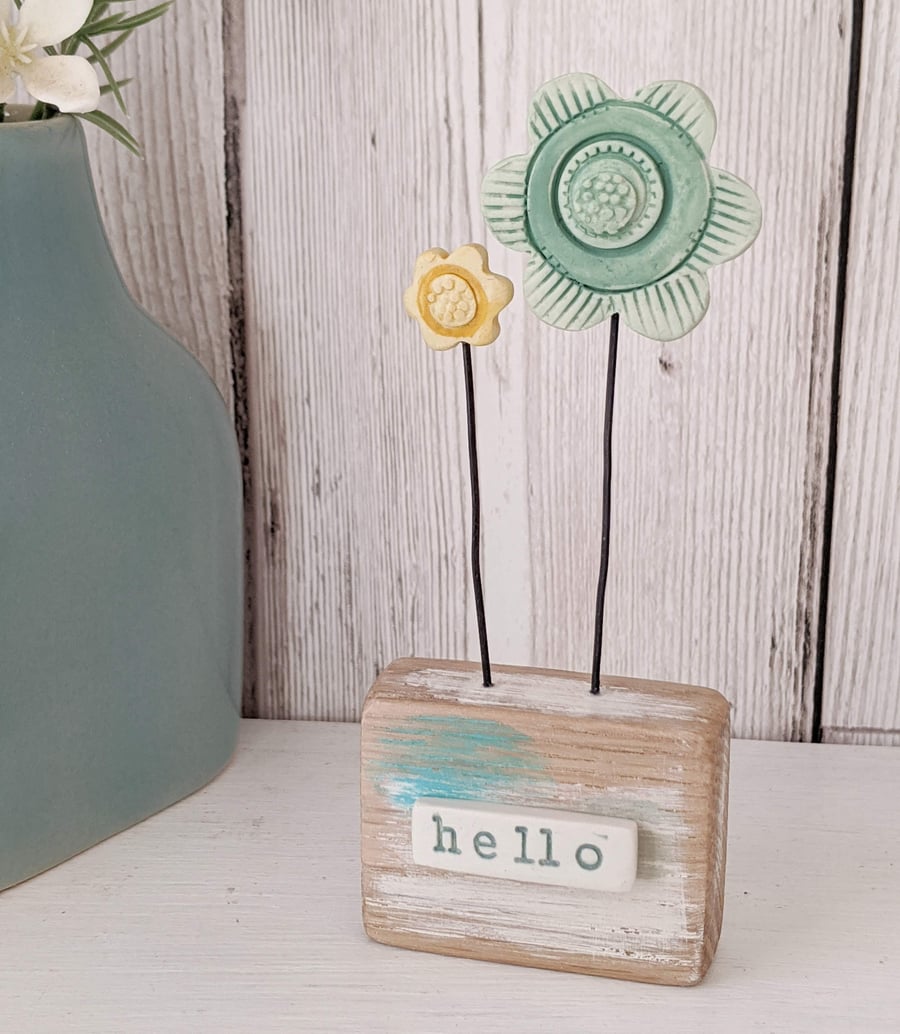 Clay Flower Garden in a Painted Wood Block 'hello'