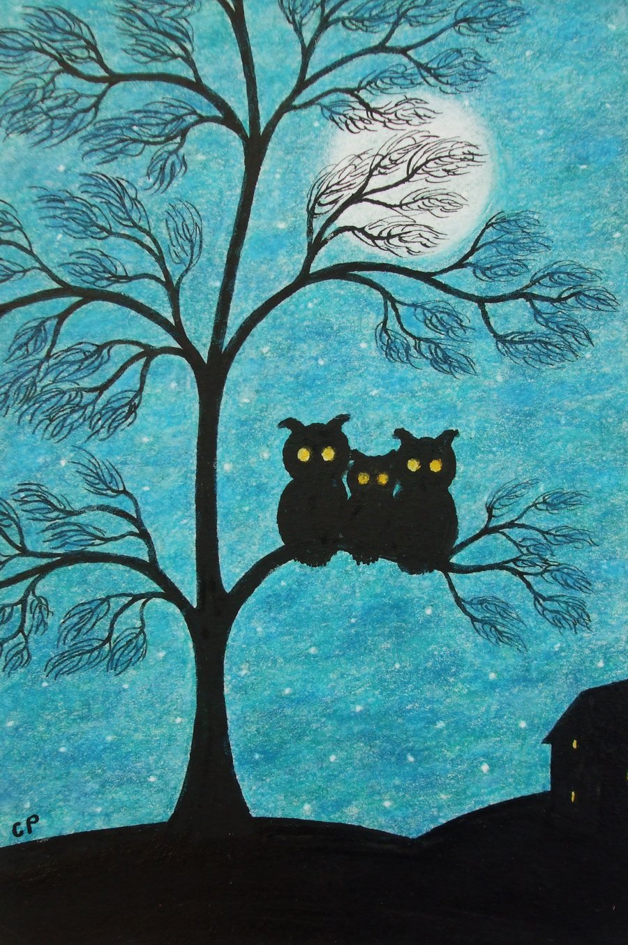 Owl Card, Tree Moon Card, Family, Three Owls, Mum, Dad, Daughter, Son Art Card 