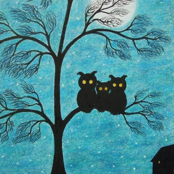 Owl Card, Tree Moon Card, Family, Three Owls, Mum, Dad, Daughter, Son Art Card 