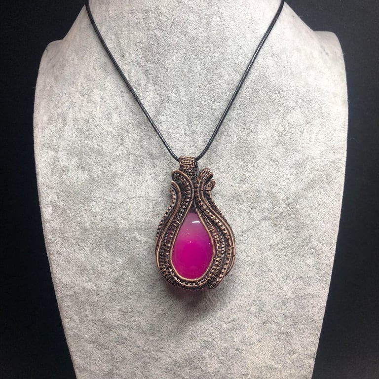 Flame Tulip Wire Wrapped Pendant with Pink Onyx Gemstone on Copper