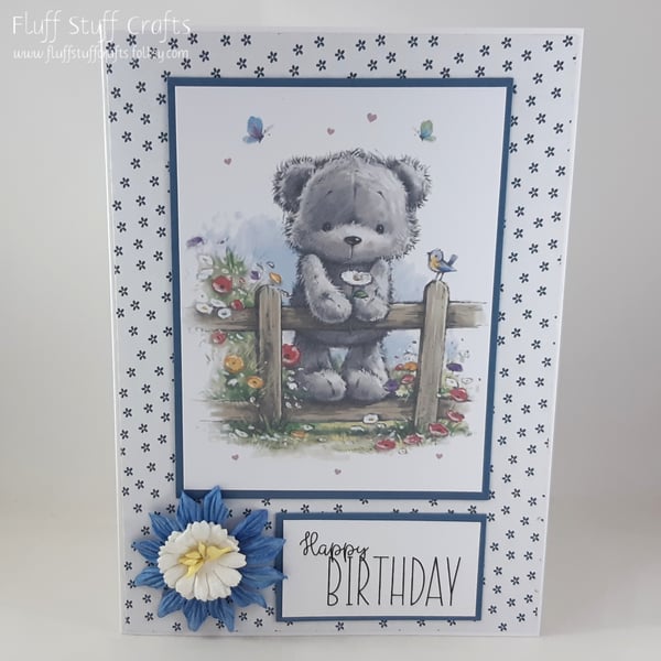 Handmade birthday card - cute bear at the fence