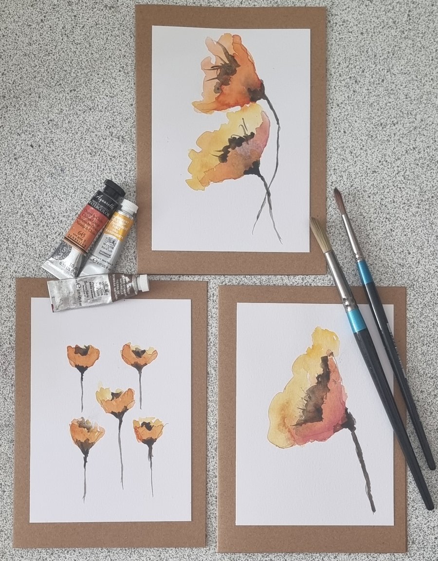 "Sunrise Poppies" Hand-Painted Watercolour Cards (Set of 3)
