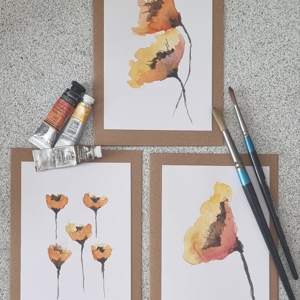 "Sunrise Poppies" Hand-Painted Watercolour Cards (Set of 3)