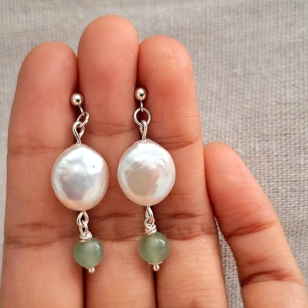 Sterling Silver Coin Pearl Dangle Earrings With Green Aventurine Gemstone