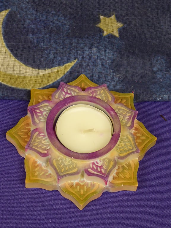 Small Lotus Flower Coffee and Purple Tealight Holder - Handmade Stonecast