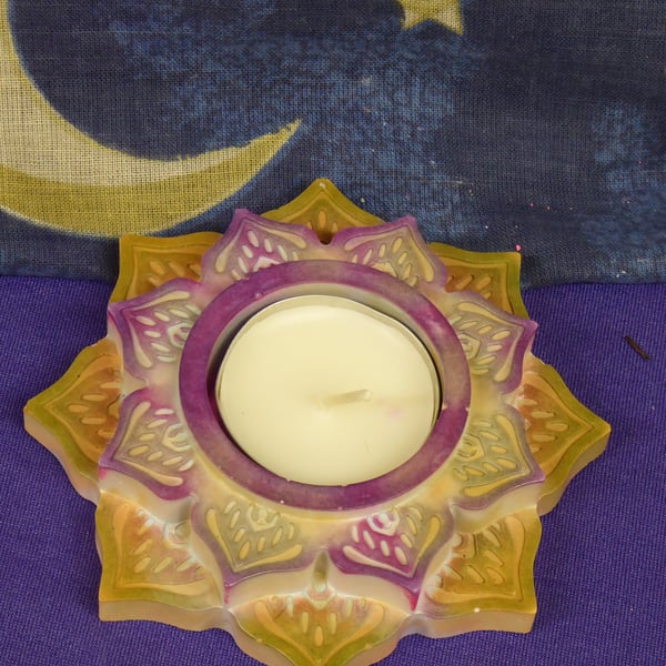 Small Lotus Flower Coffee and Purple Tealight Holder - Handmade Stonecast