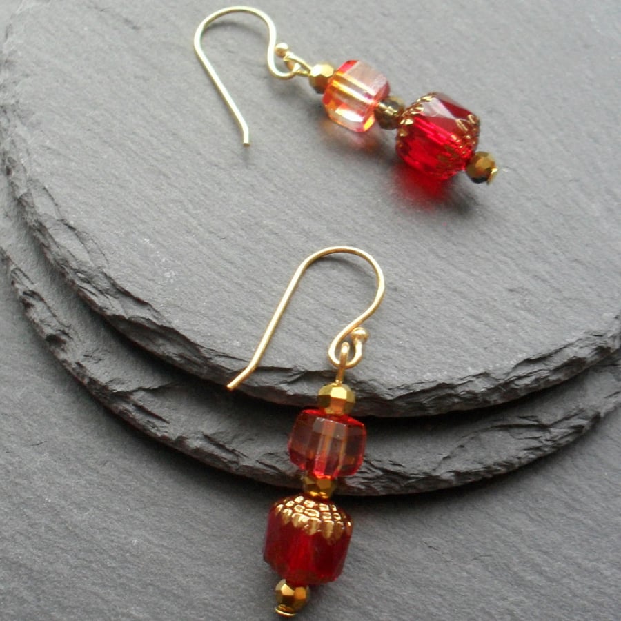 Red Czech Glass Earrings Christmas Earrings Stocking Filler