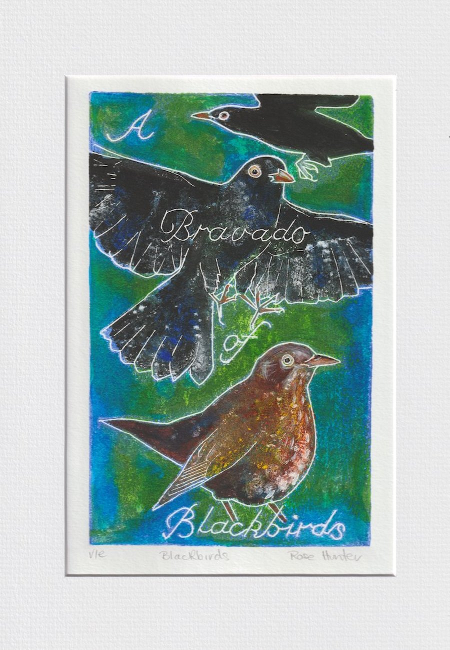 A Bravado of Blackbirds - 001 original hand painted Lino print