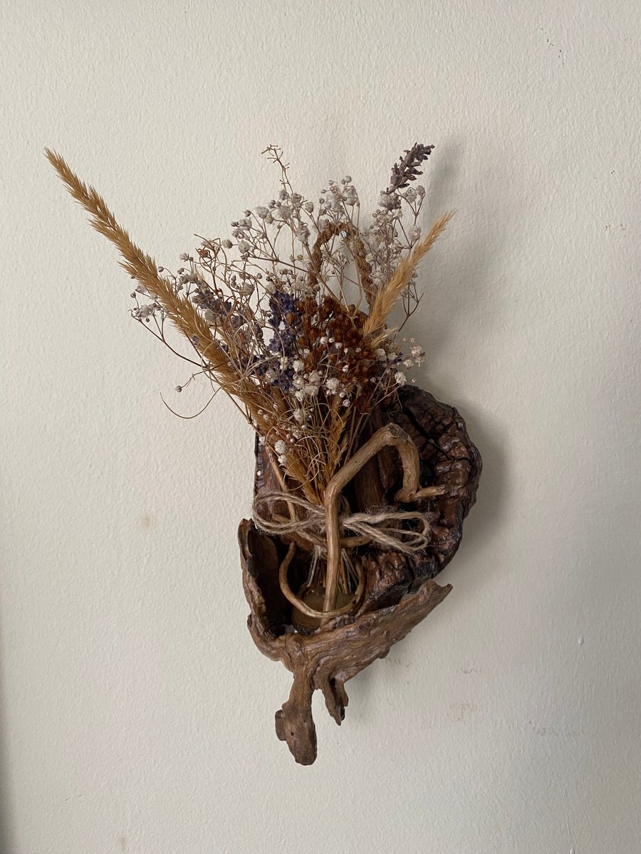 Wall Mounted Wood Vase for Dried Flowers, Handmade Rustic Wall Decor