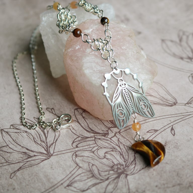 Lunar Moth and Tiger Eye Moon Necklace, Witchy Jewellery