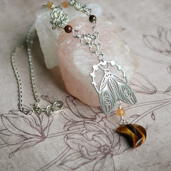 Lunar Moth and Tiger Eye Moon Necklace, Witchy Jewellery