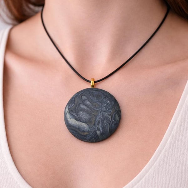 Handmade Polymer Clay Pendant Necklace, 40mm Artisan Boho Jewelry