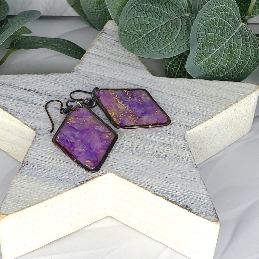 Earrings, Copper and Purple Marbled Clay Droppers